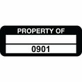Lustre-Cal Property ID Label PROPERTY OF Polyester Blk 2in x 0.75in 1 Blank Pad&Serialized 0901-1000, 100PK 253744Pe2K0901